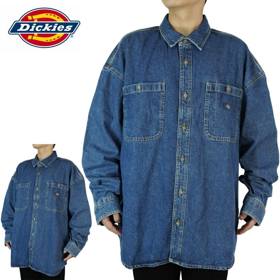 DICKIES ディッキーズメンズ シャツ 長袖DENIM WORK SHIRT デニム ワークシャツロングスリーブ BLUE ブルー 厚手スケーター TATOO ローライダー 作業着 大きめ