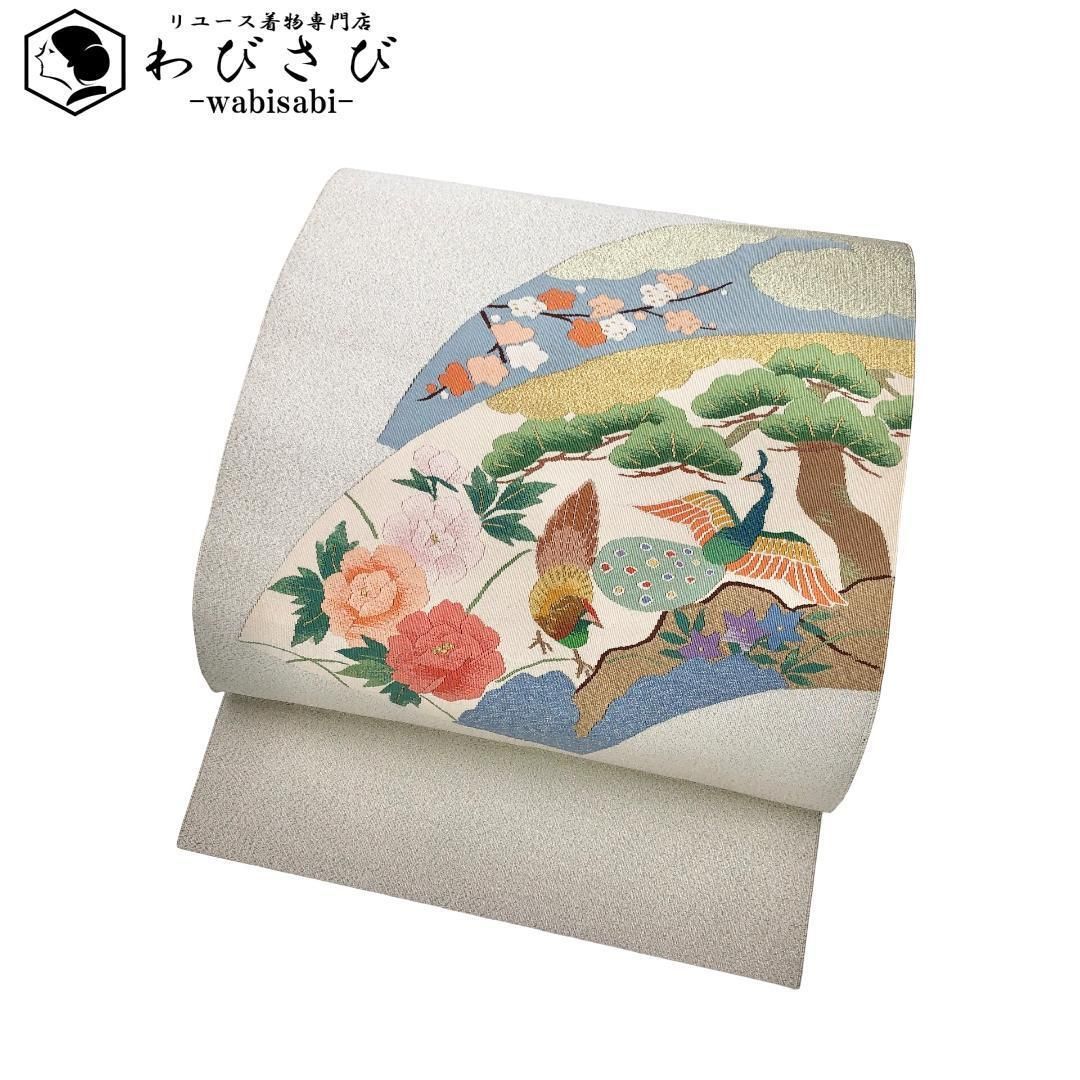 名古屋帯 綴れ 地紙に孔雀 松 梅 花模様 胡粉色 O-5666