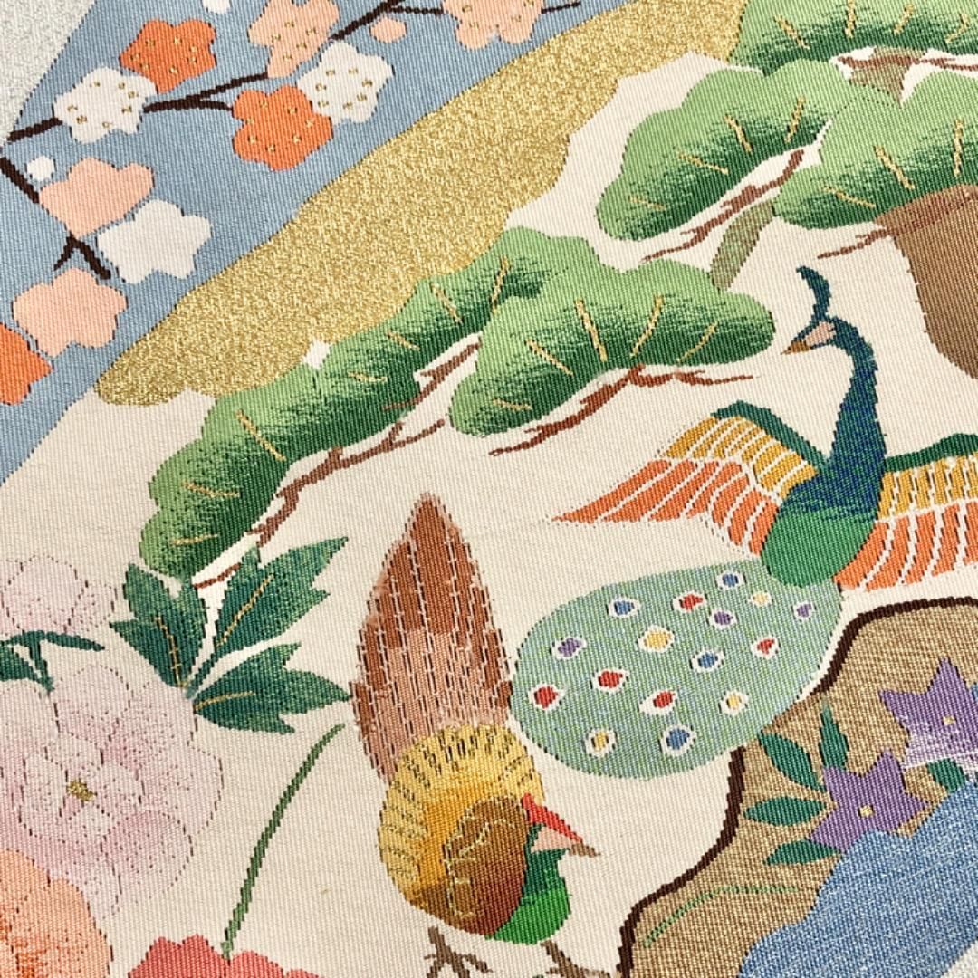 最終値下げ！ 名古屋帯 綴れ 地紙に孔雀 松 梅 花模様 胡粉色 O-5666 【100％品質保障!】