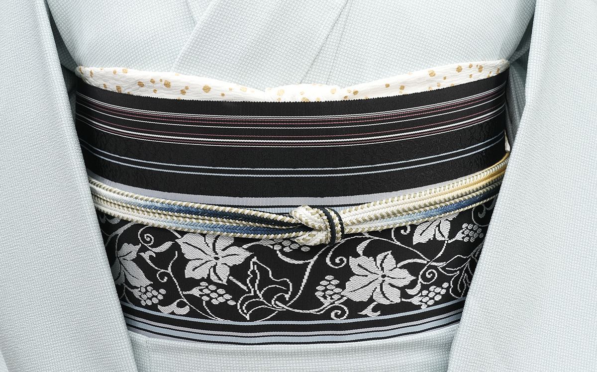 未仕立 博多帯 黒木織物 八寸名古屋帯 葡萄唐草柄 黒地 仕立代込