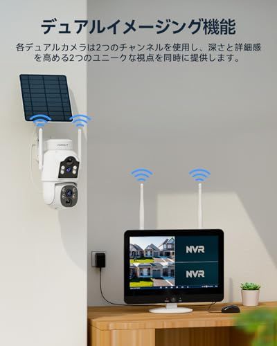 防犯カメラ 屋外 ソーラー モニタ一付き 2台セット二重レンズ 双眼 監視カメラ 工事不要 電源不要 2 4 Ghz 5 Ghz対応 二つ監視画面 遠隔監視 フル暗視 声光威嚇 アプリ通報 動態検知 5年保証 c 608 e
