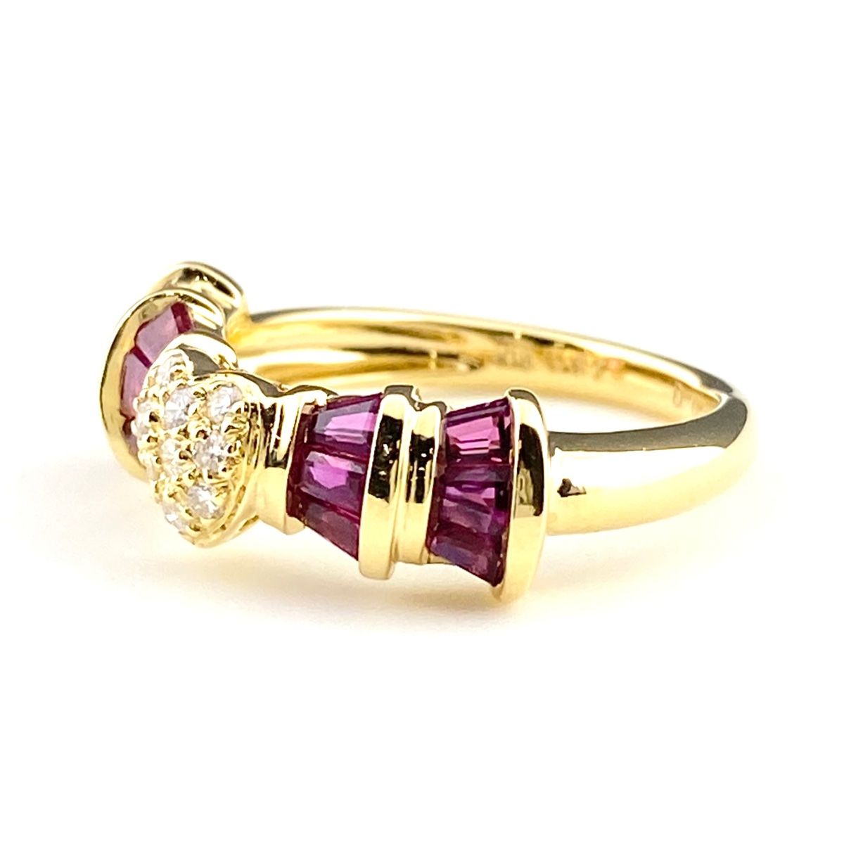 ルビー デザインリング YG イエローゴールド メレダイヤ 指輪 リング 8号 K18 ルビー ダイヤモンド レディース