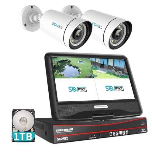 500万画素 POE有線接続 Sovmiku防犯カメラ poe給電 屋外 有線 監視カメラ 2台セット 10インチモニター付き 500万画素POEカメラ IP66防水 センサー発光 双方向音声 屋内外対応 暗視撮影 動体検知 常時録 0b1345b8