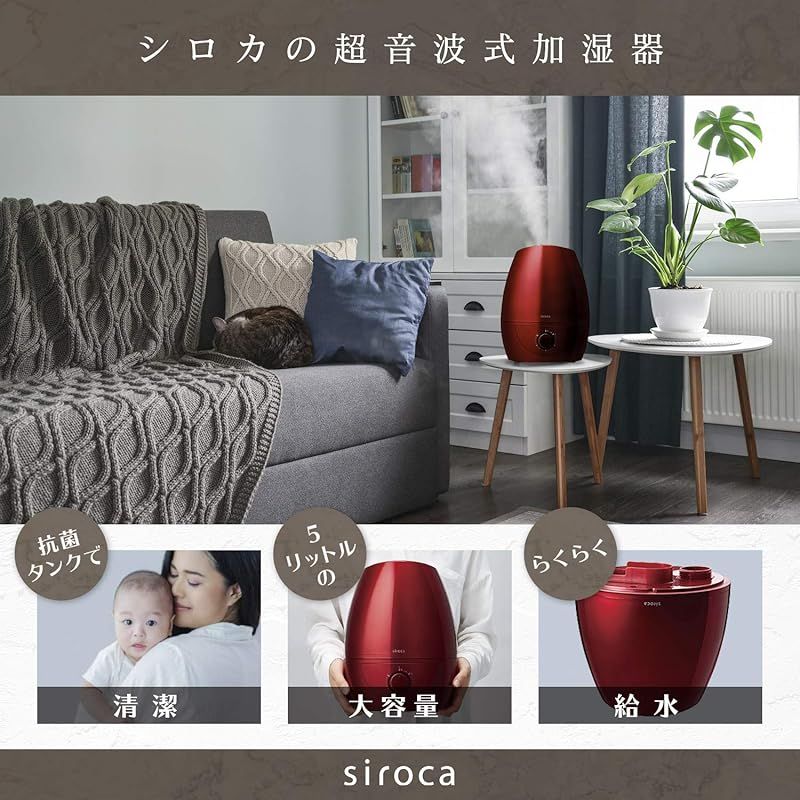 シロカ 加湿器 大容量 5L 超音波 SD-C113 パールホワイト 大容量5L 給水タンク分離 タンク抗菌加工