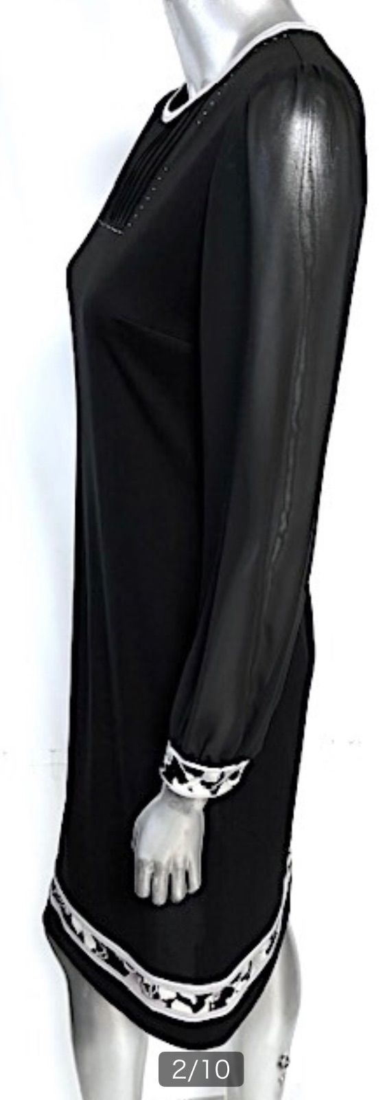 定価14万位 レオナール オーガンジー長袖 ワンピース シアー袖 38 黒 ブラック 花柄 ラインストーン ドレス エレガント L40