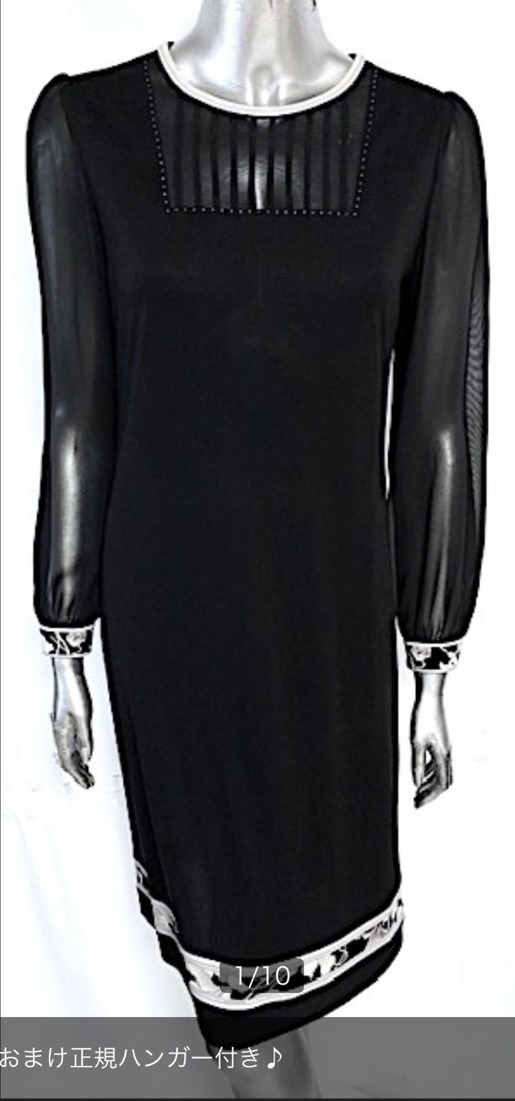 定価14万位 レオナール オーガンジー長袖 ワンピース シアー袖 38 黒 ブラック 花柄 ラインストーン ドレス エレガント L40