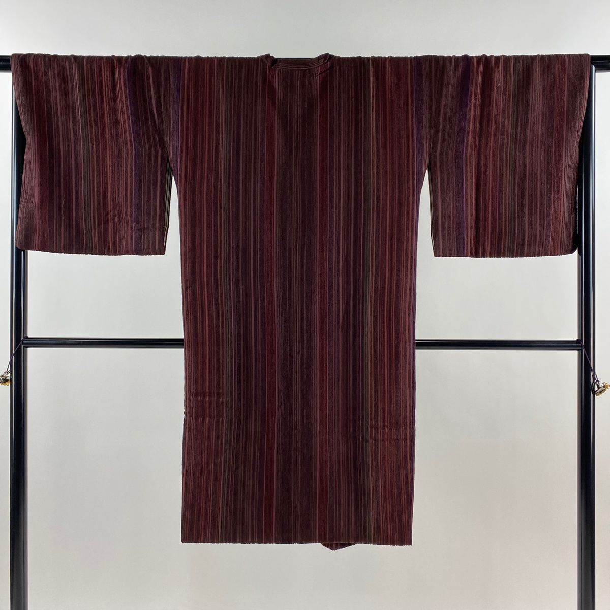 道行 身丈112.5cm 裄丈68cm L 和装コート 角衿 縦縞 茶紫 正絹 秀品