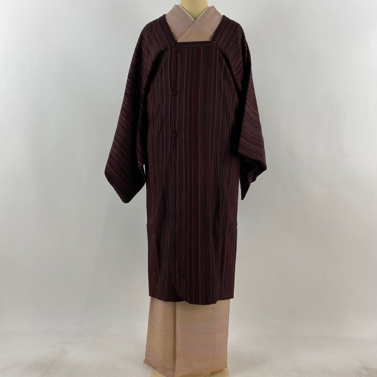 道行 身丈112.5cm 裄丈68cm L 和装コート 角衿 縦縞 茶紫 正絹 秀品