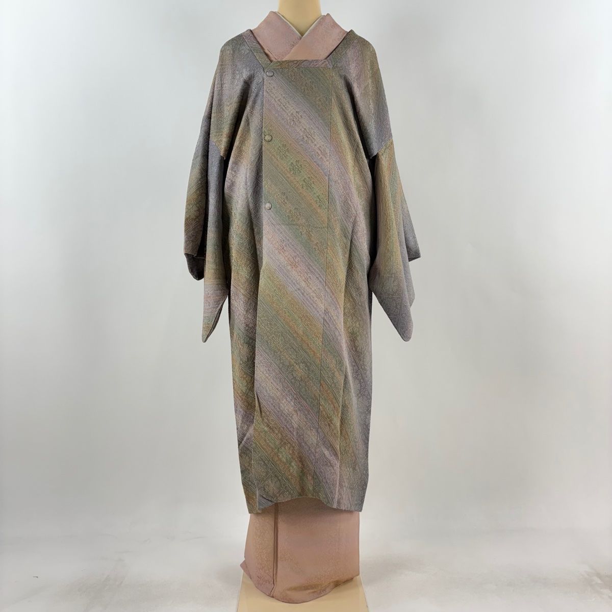 道行 身丈115cm 裄丈67cm M 和装コート 角衿 岩浅公展 落款 花 斜縞 灰紫 正絹
