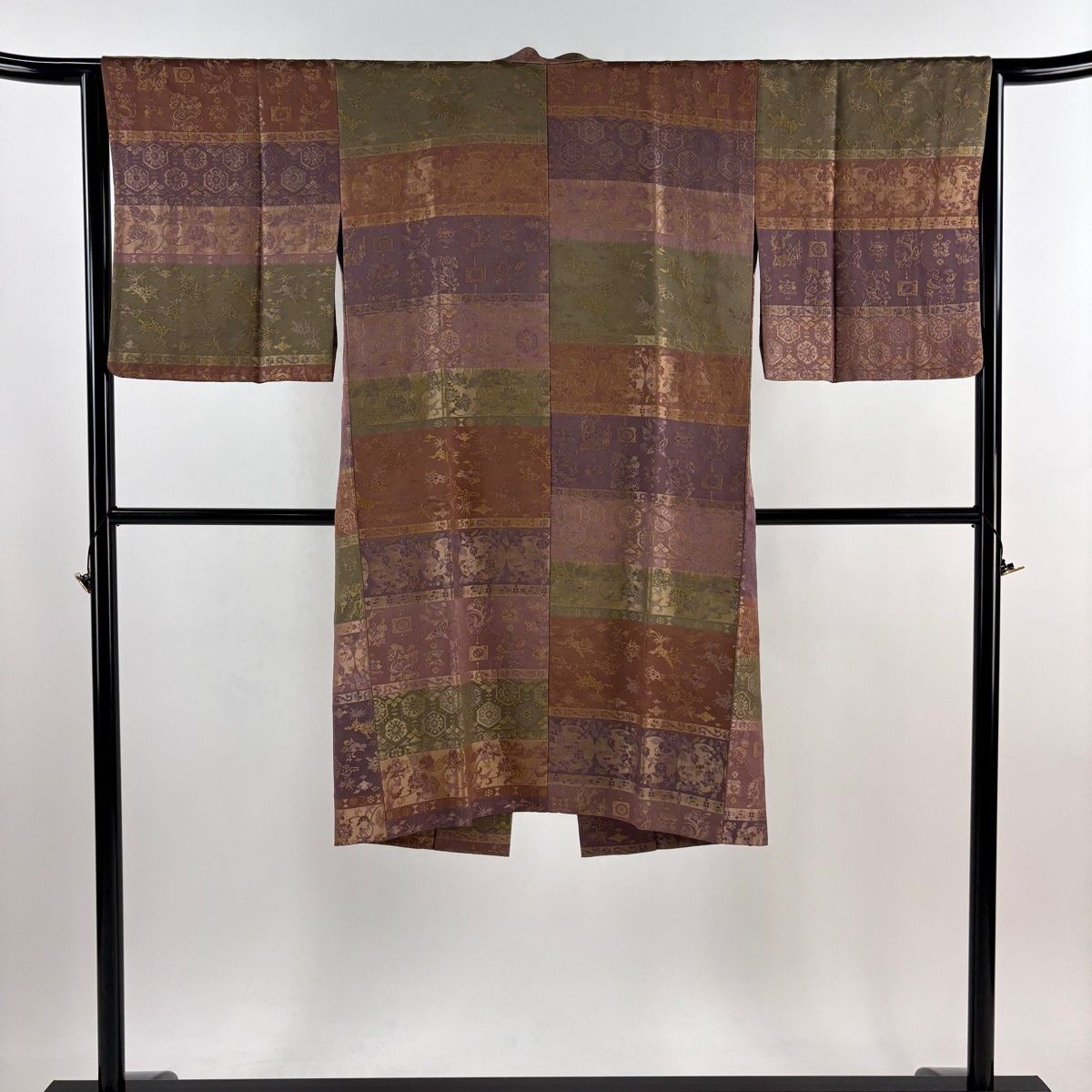 道中着 身丈113cm 裄丈63.5cm S 和装コート 花鳥 段縞 紫 正絹