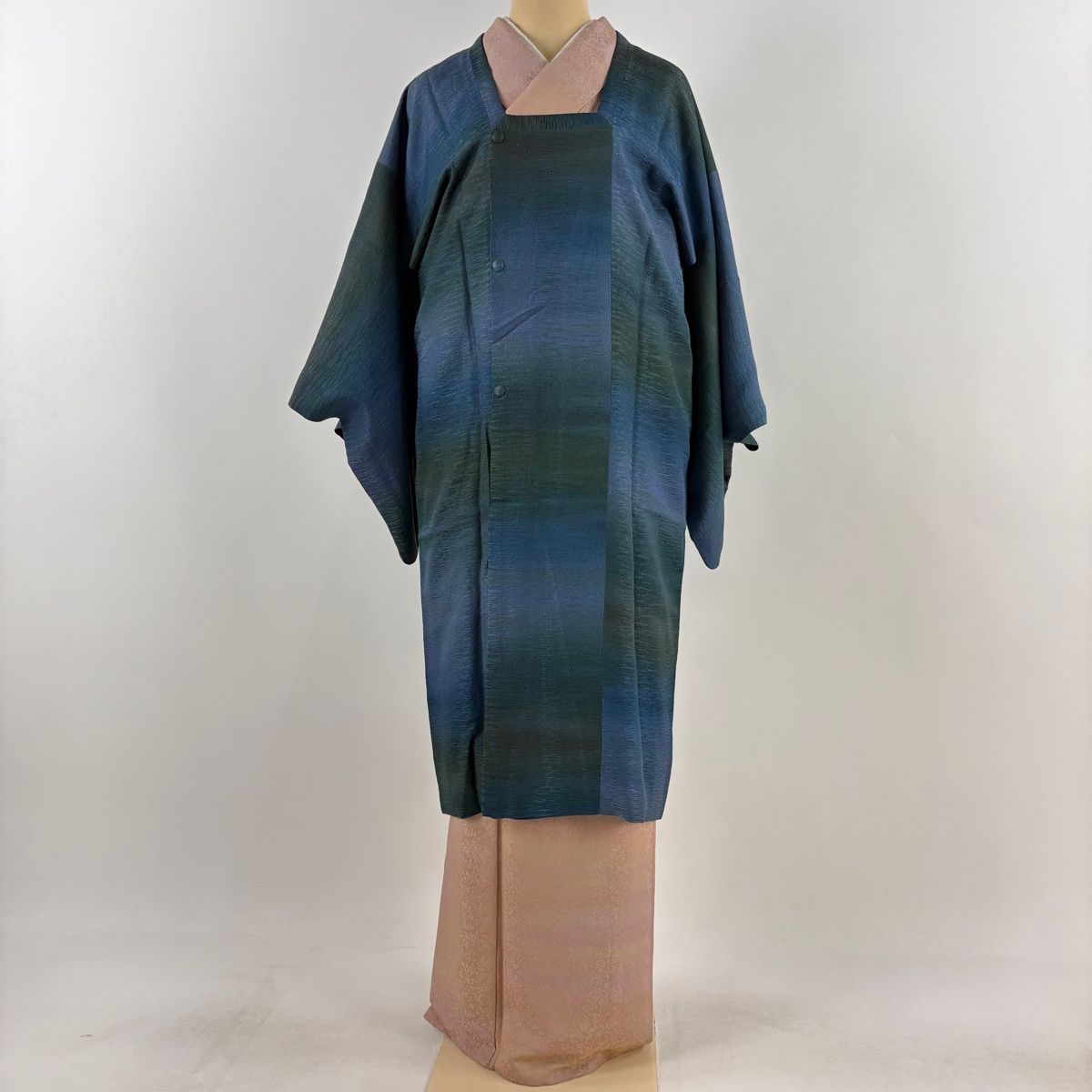 道行 身丈107cm 裄丈64.5cm M 和装コート 角衿 リバーシブル 地紋 ぼかし 青緑 正絹