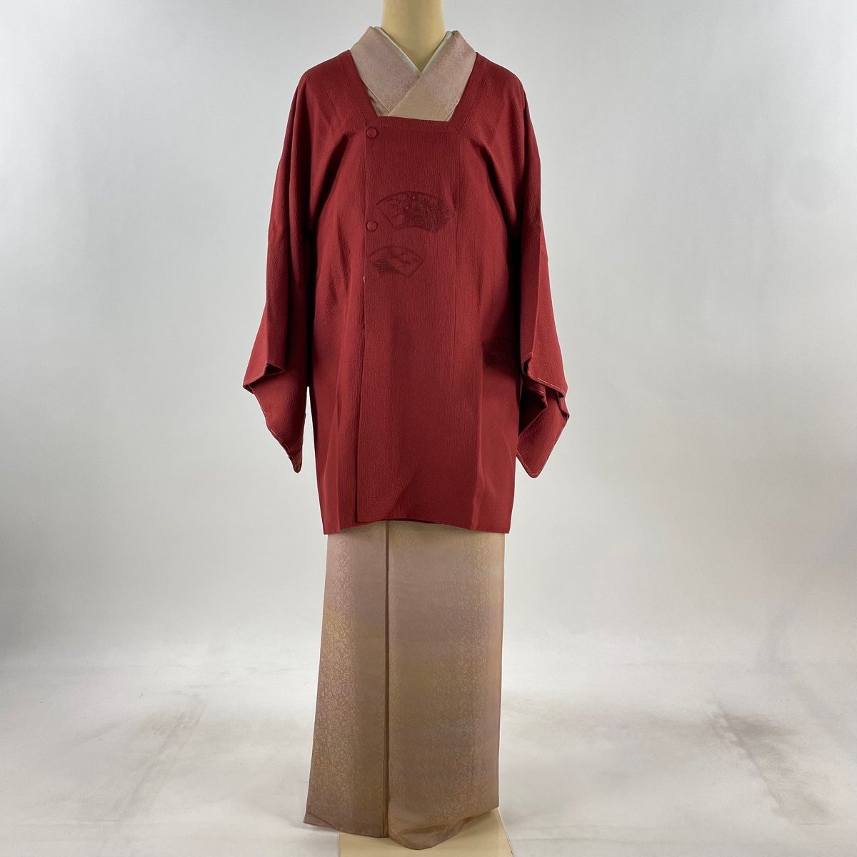 道行 身丈86cm 裄丈66cm M 和装コート 角衿 扇面 草花 刺繍 赤茶 正絹 秀品