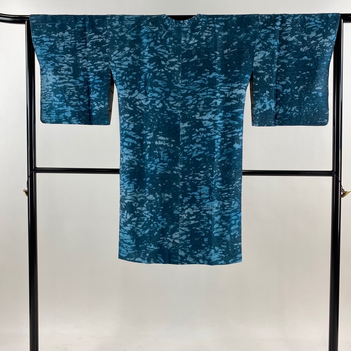 道行 身丈106cm 裄丈64.5cm M 和装コート 角衿 幾何学模様 青緑 正絹 秀品