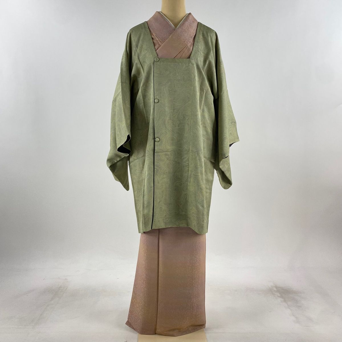 道行 身丈93.5cm 裄丈64cm M 和装コート 角衿 墨流し 灰緑 正絹 秀品