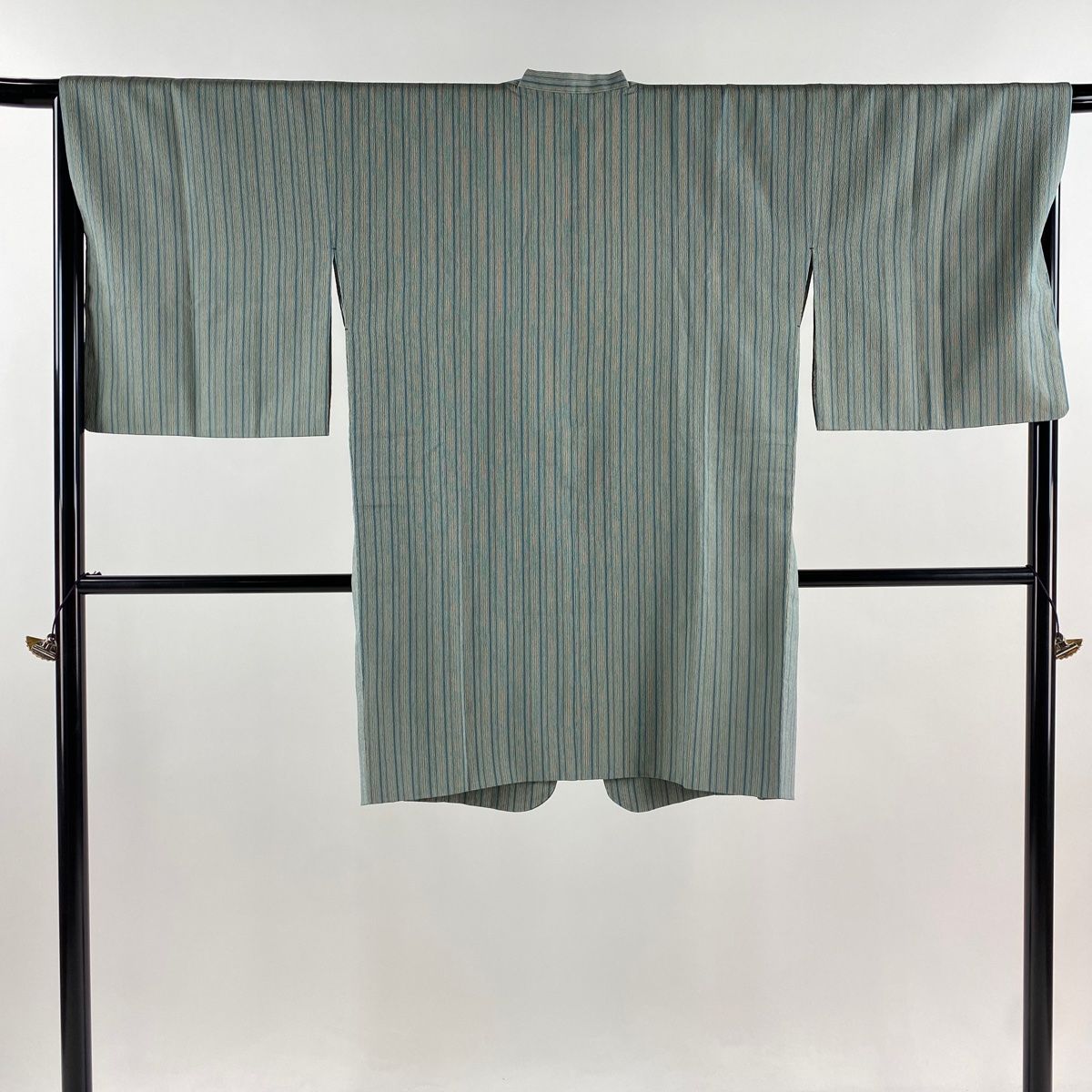 道行 身丈96cm 裄丈66.5cm M 和装コート 角衿 紬地 縦縞 灰緑 正絹 秀品