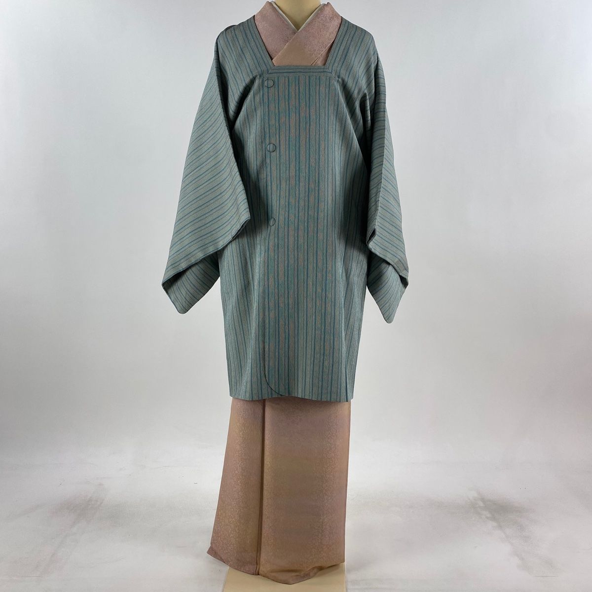 道行 身丈96cm 裄丈66.5cm M 和装コート 角衿 紬地 縦縞 灰緑 正絹 秀品