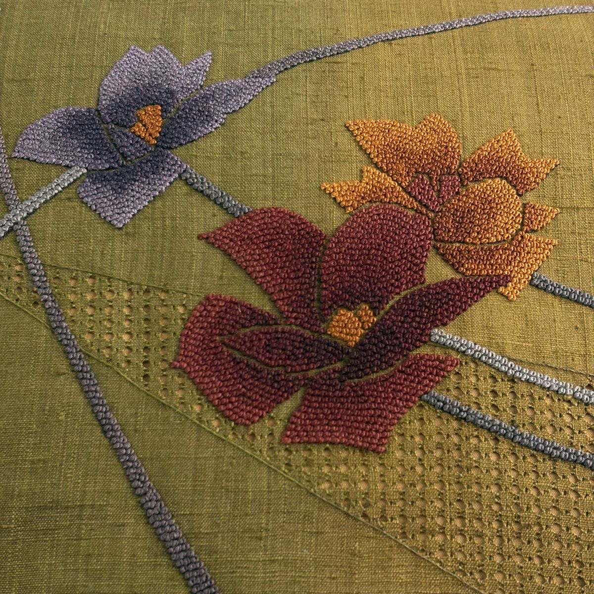 名古屋帯 秀品 紬地 花 刺繍 茶緑色 正絹