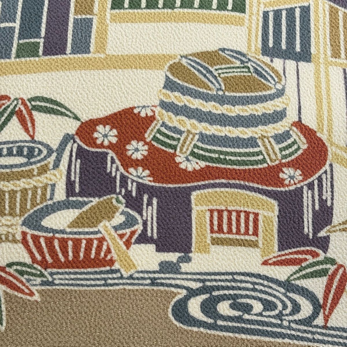 名古屋帯 秀品 建物 笹 縮緬 薄茶色 正絹