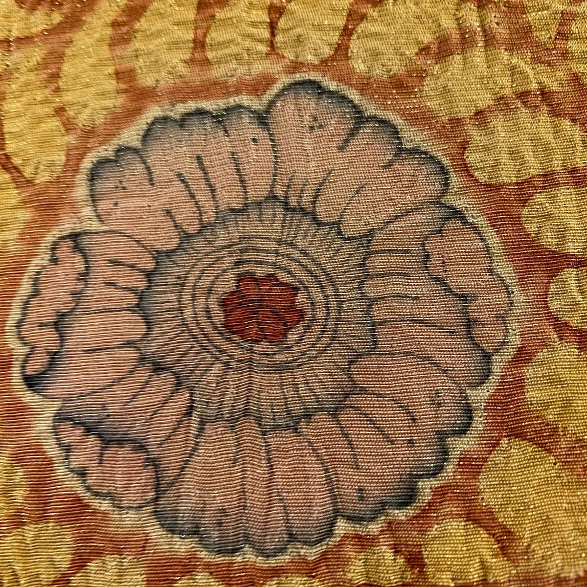 開き名古屋帯 秀品 落款 辻が花柄 金通し 茶色 正絹