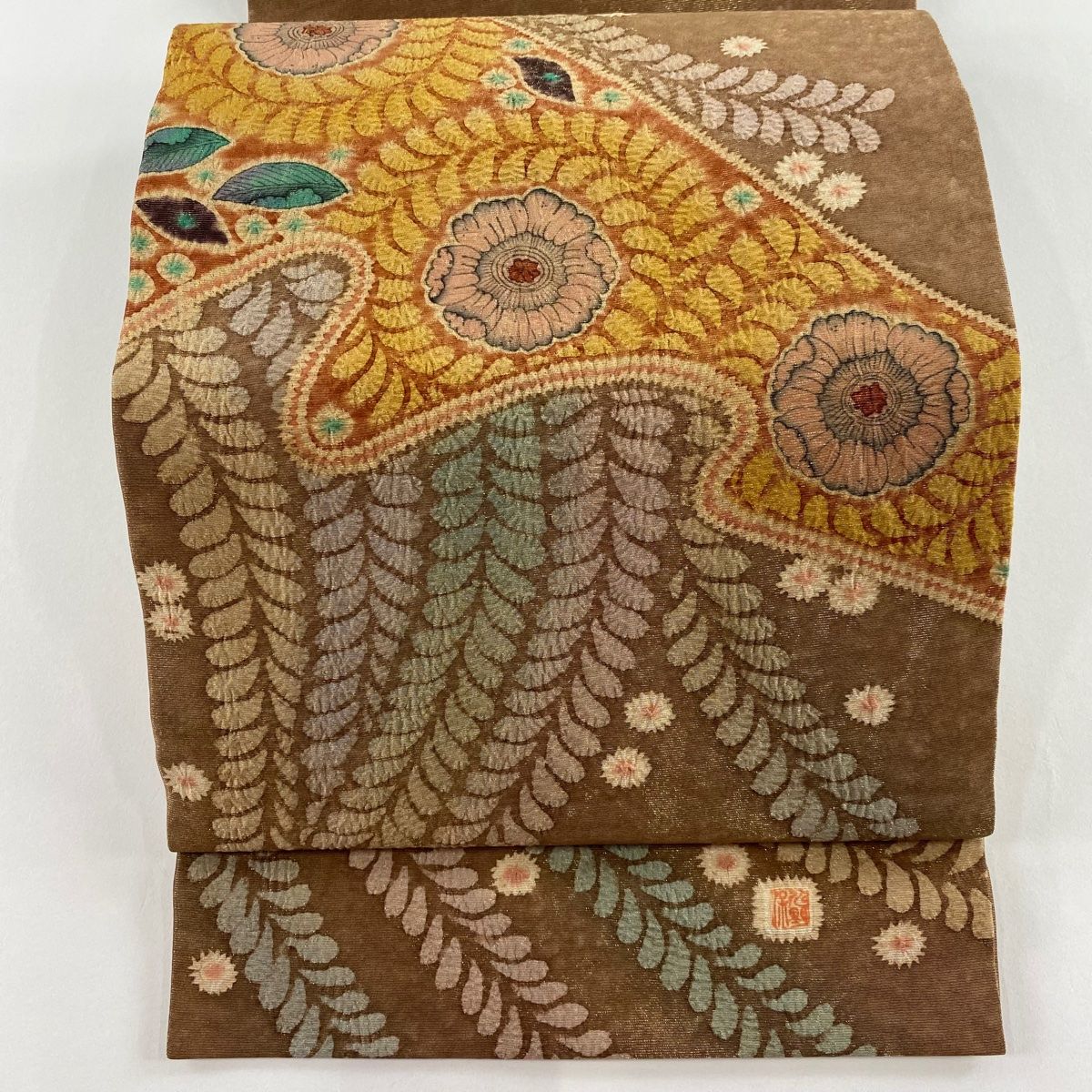 開き名古屋帯 秀品 落款 辻が花柄 金通し 茶色 正絹
