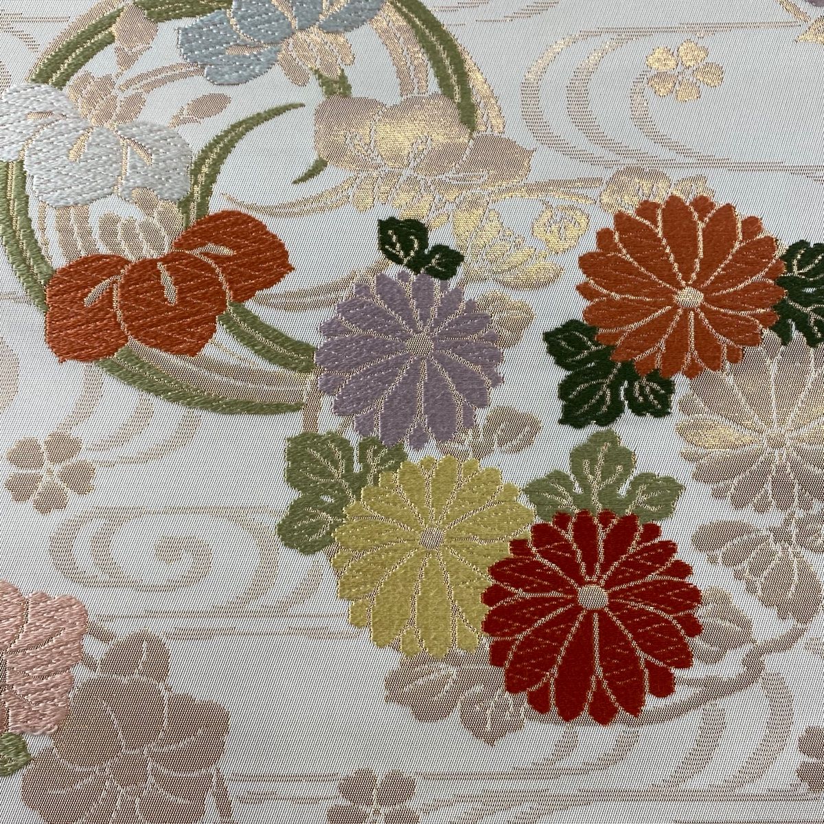 名古屋帯 秀品 花丸文 観世水 唐織 箔 薄ピンク 正絹