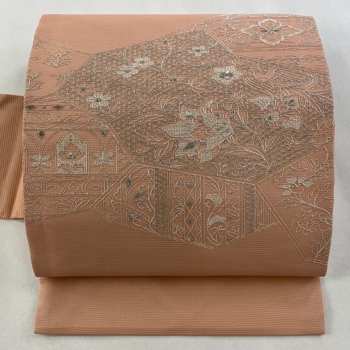 名古屋帯 秀品 夏帯 絽 草花 花菱 銀糸 ピンク 正絹