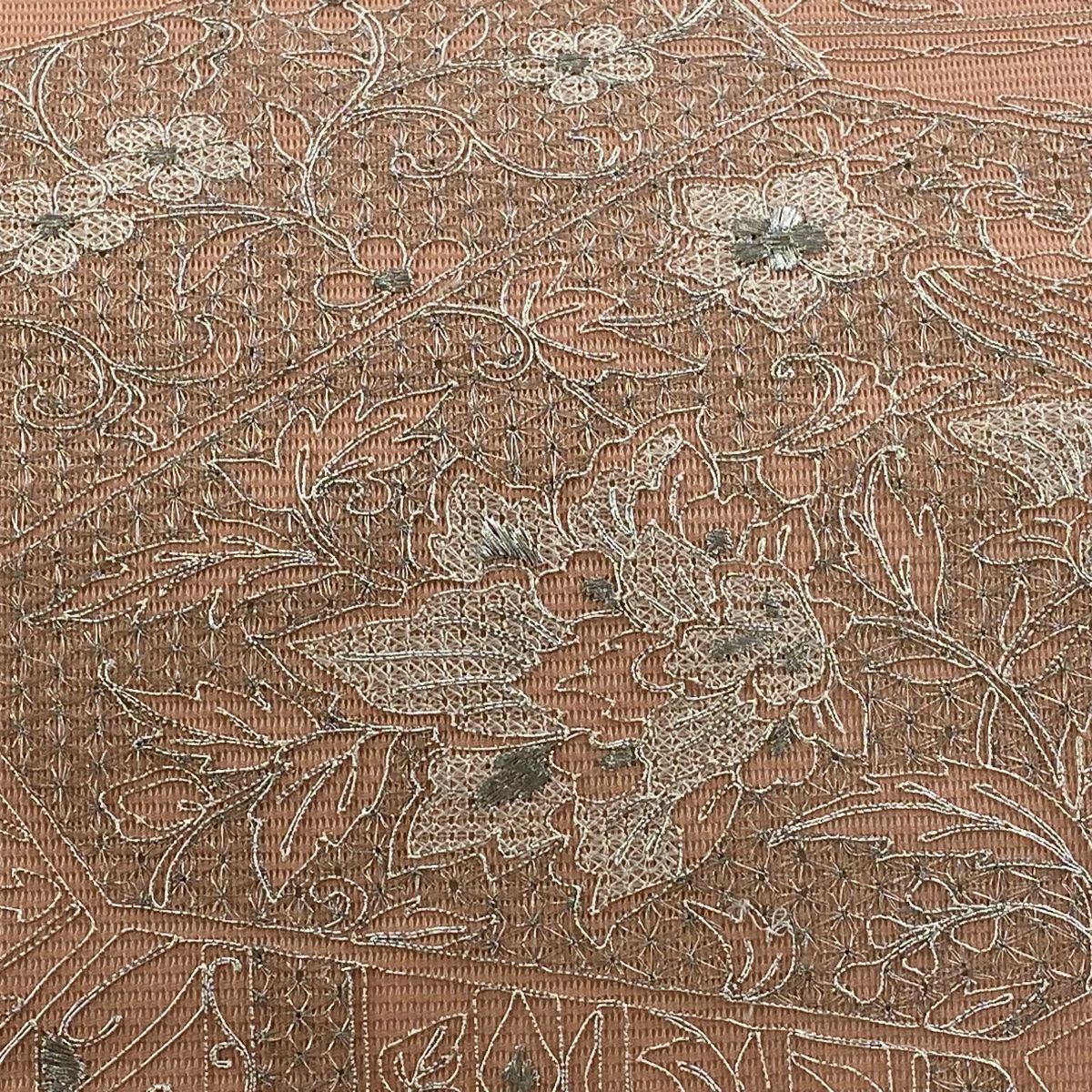 名古屋帯 秀品 夏帯 絽 草花 花菱 銀糸 ピンク 正絹