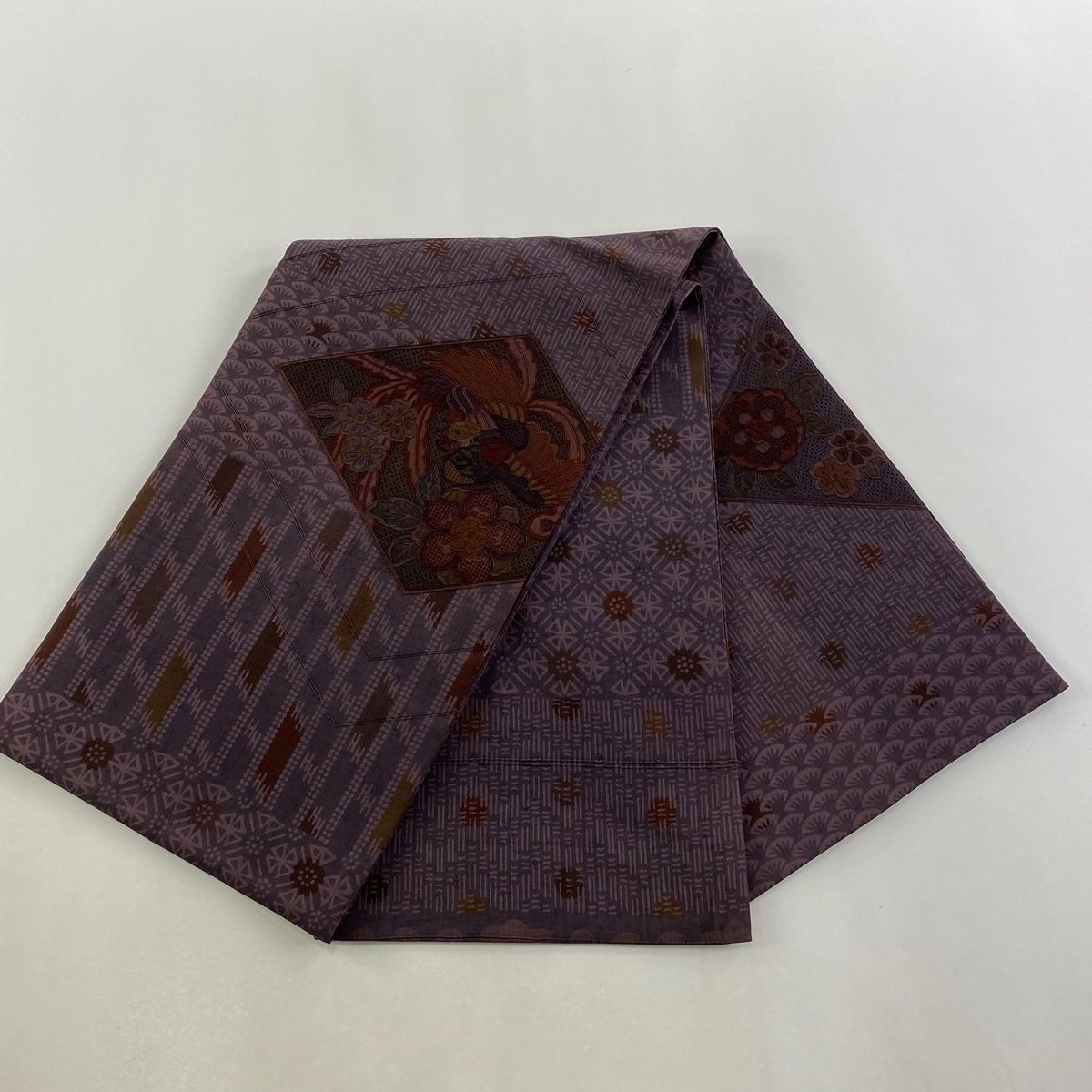 美品】 袋帯 名品 紬地 関西仕立て 鳳凰 草花 汕頭刺繍 紫 お太鼓柄