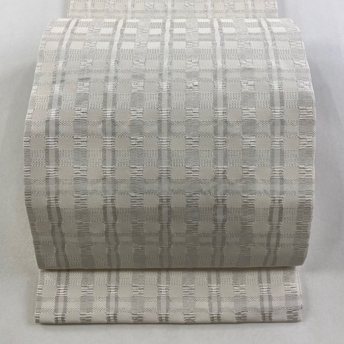 開き名古屋帯 龍村美術織物 比翼仕立て 格子 銀糸 白 正絹