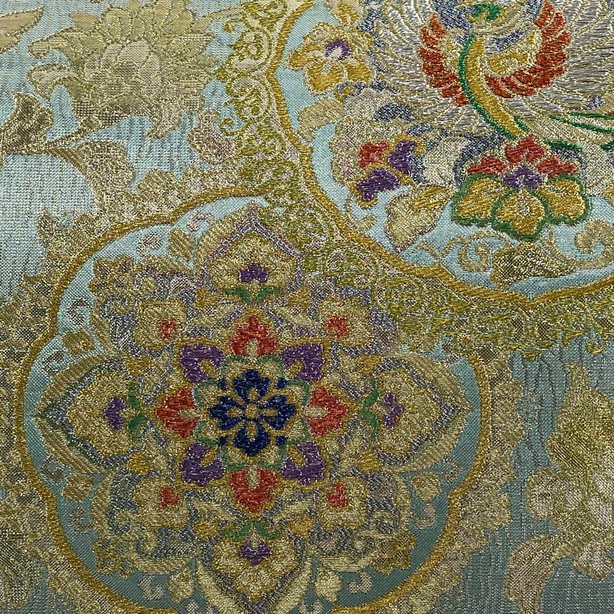 袋帯 リバーシブル 華文 花鳥 箔 薄緑 六通 正絹