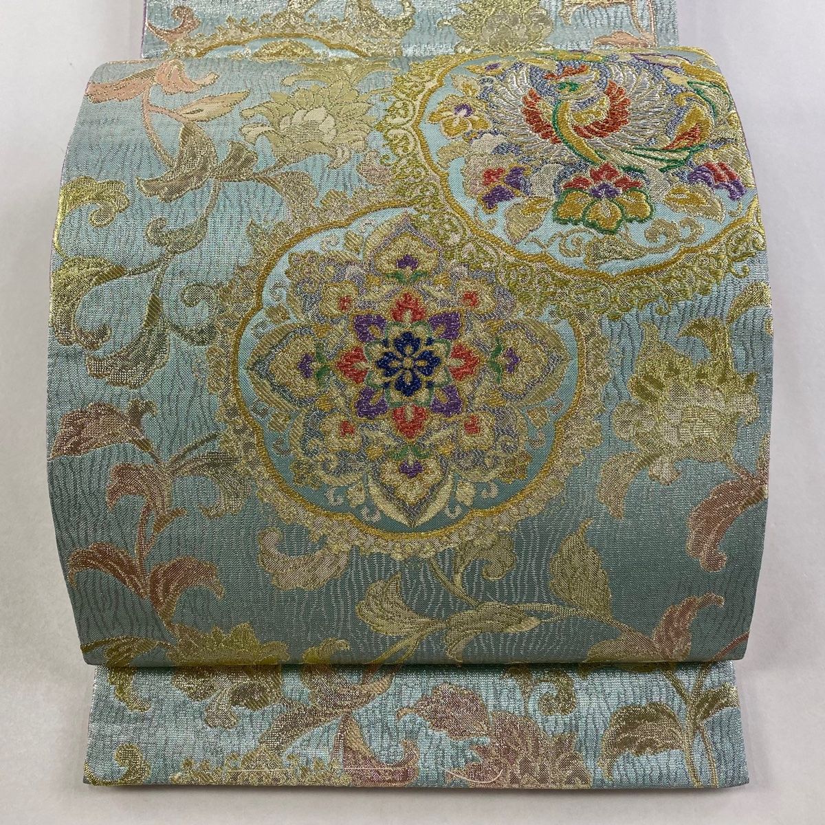 袋帯 リバーシブル 華文 花鳥 箔 薄緑 六通 正絹