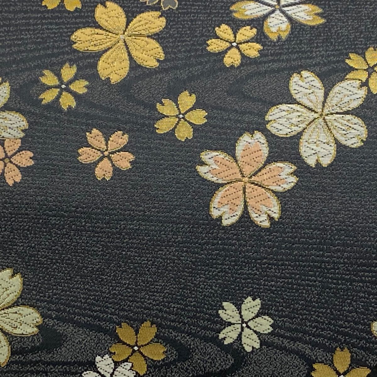 袋帯 箔屋清兵衛 落款 西陣織 桜 流水 唐織 箔 黒灰 六通 正絹