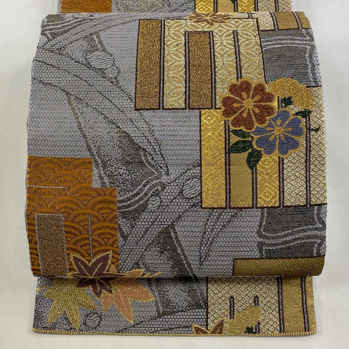 袋帯 関西仕立て 源氏香 楓 箔 黒灰 六通 正絹