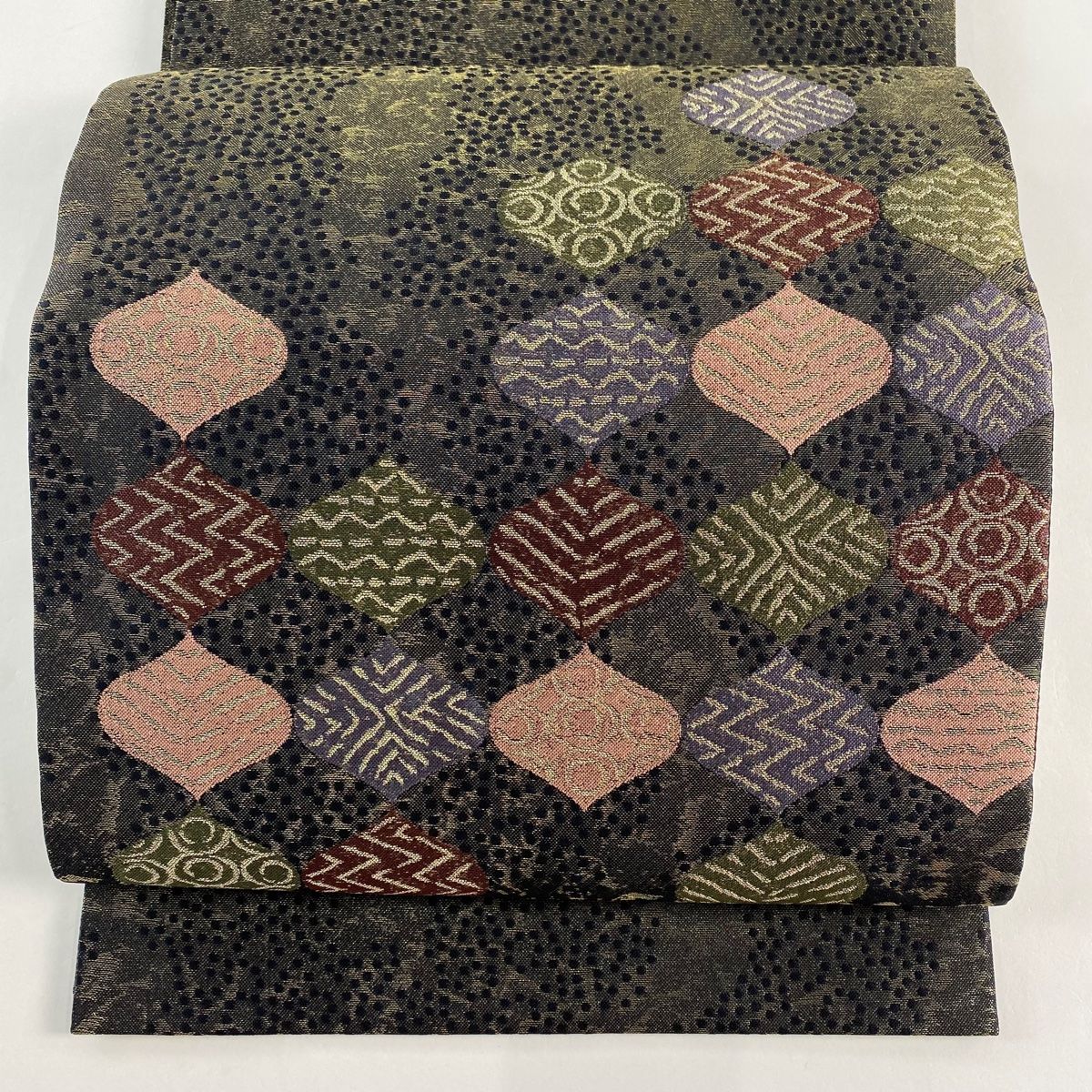 袋帯 千年工房 落款 幾何学 金糸 金茶 お太鼓柄 正絹