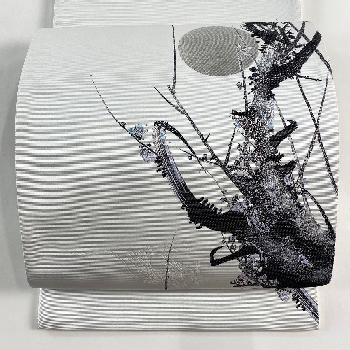 袋帯 枝梅 月 銀糸 ラメ 灰白 お太鼓柄 正絹