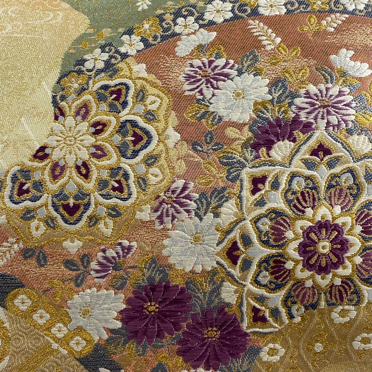 袋帯 じゅらく 落款 帝王紫 華文 花丸文 金糸 箔 金色 六通 正絹