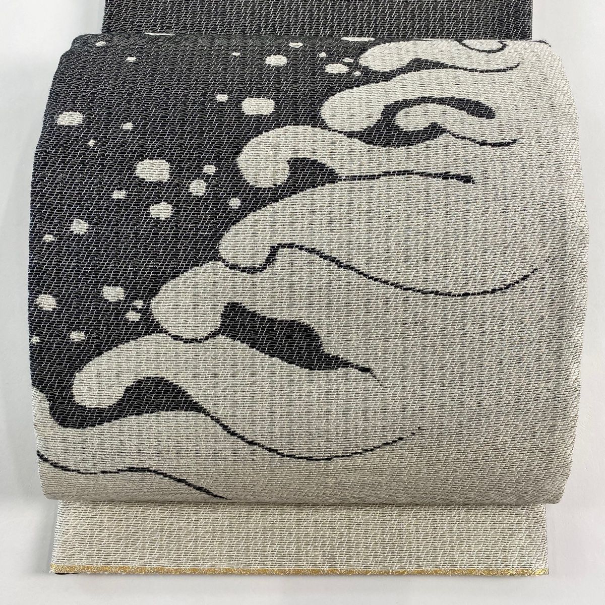 袋帯 誉田屋源兵衛 落款 関西仕立て うさぎ 波頭 銀糸 灰白 お太鼓柄 正絹