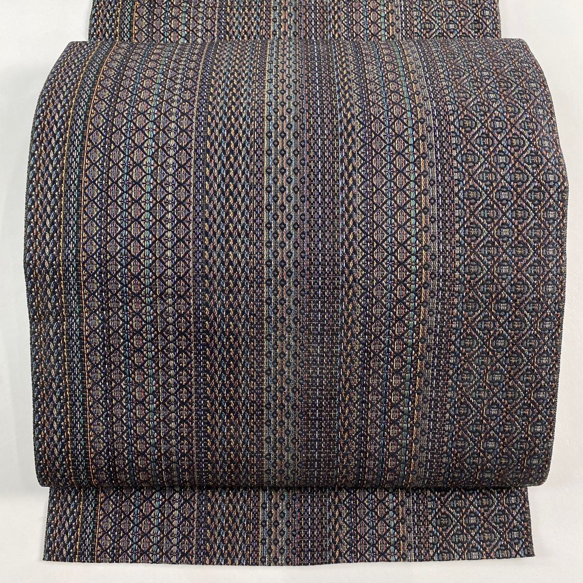 名古屋帯 証紙 松葉仕立て 八寸名古屋帯 縞 幾何学 金糸 茶紫 正絹