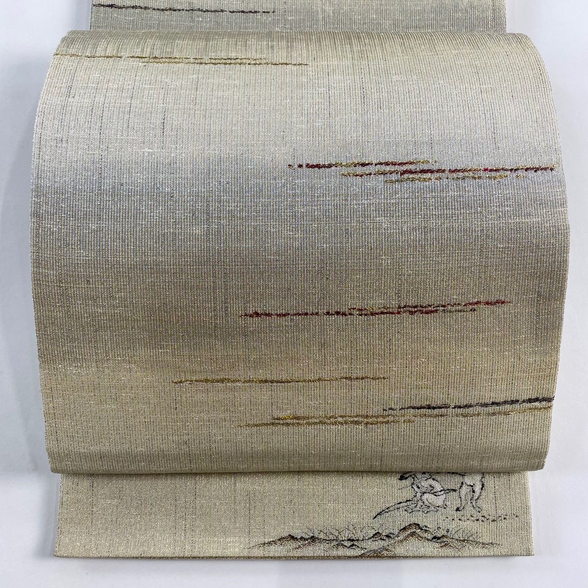 袋帯 落款 ワンポイント柄 一乃倉 鳥獣戯画 霞 金銀糸 箔 ベージュ 六通 正絹