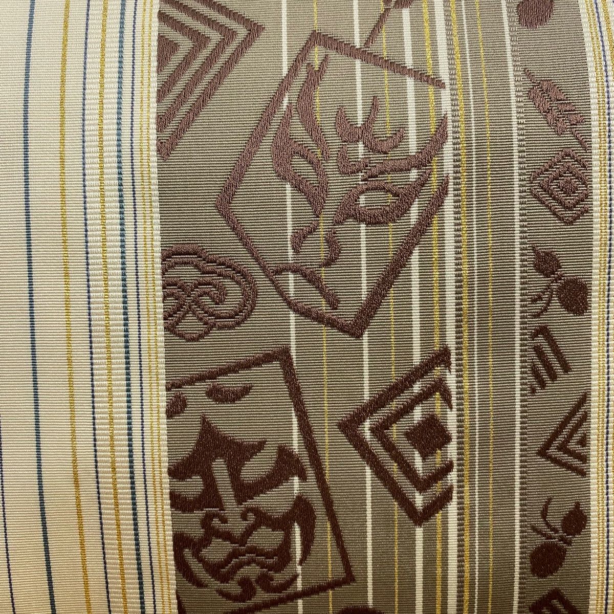 袋帯 縞 隈取り 金糸 ベージュ 全通 正絹