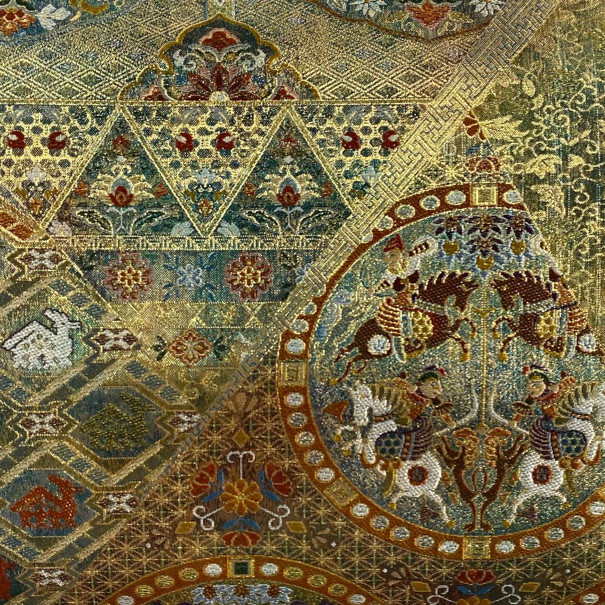 丸帯 正倉院名物裂 連珠紋 箔 金色 全通 正絹