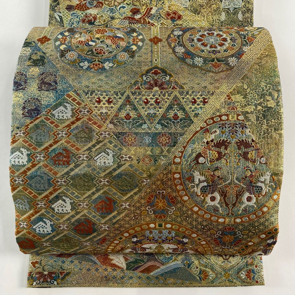 丸帯 正倉院名物裂 連珠紋 箔 金色 全通 正絹