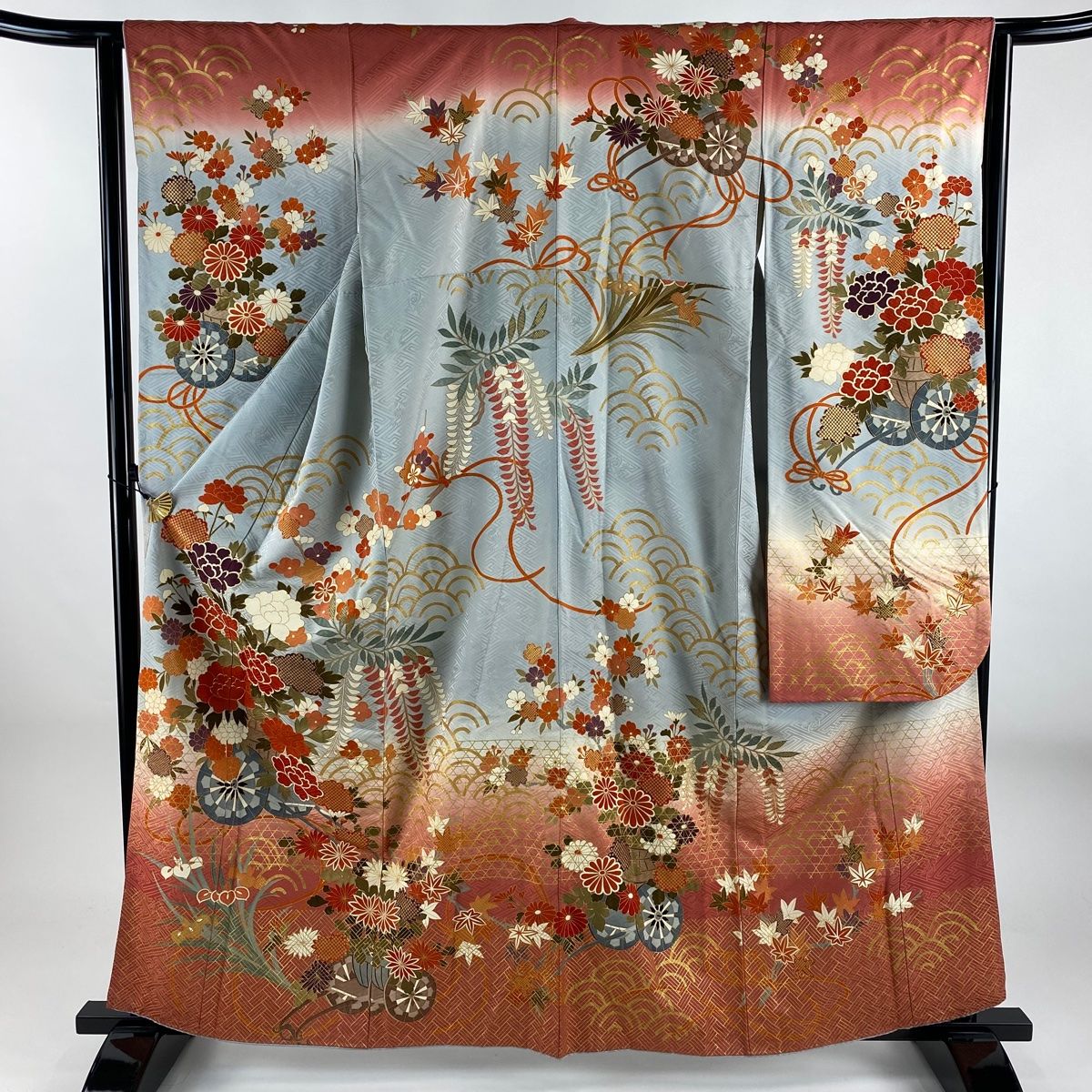 振袖 身丈160cm 裄丈63cm S 袷 青海波 花車 金彩 染分け 青灰色 正絹 秀品