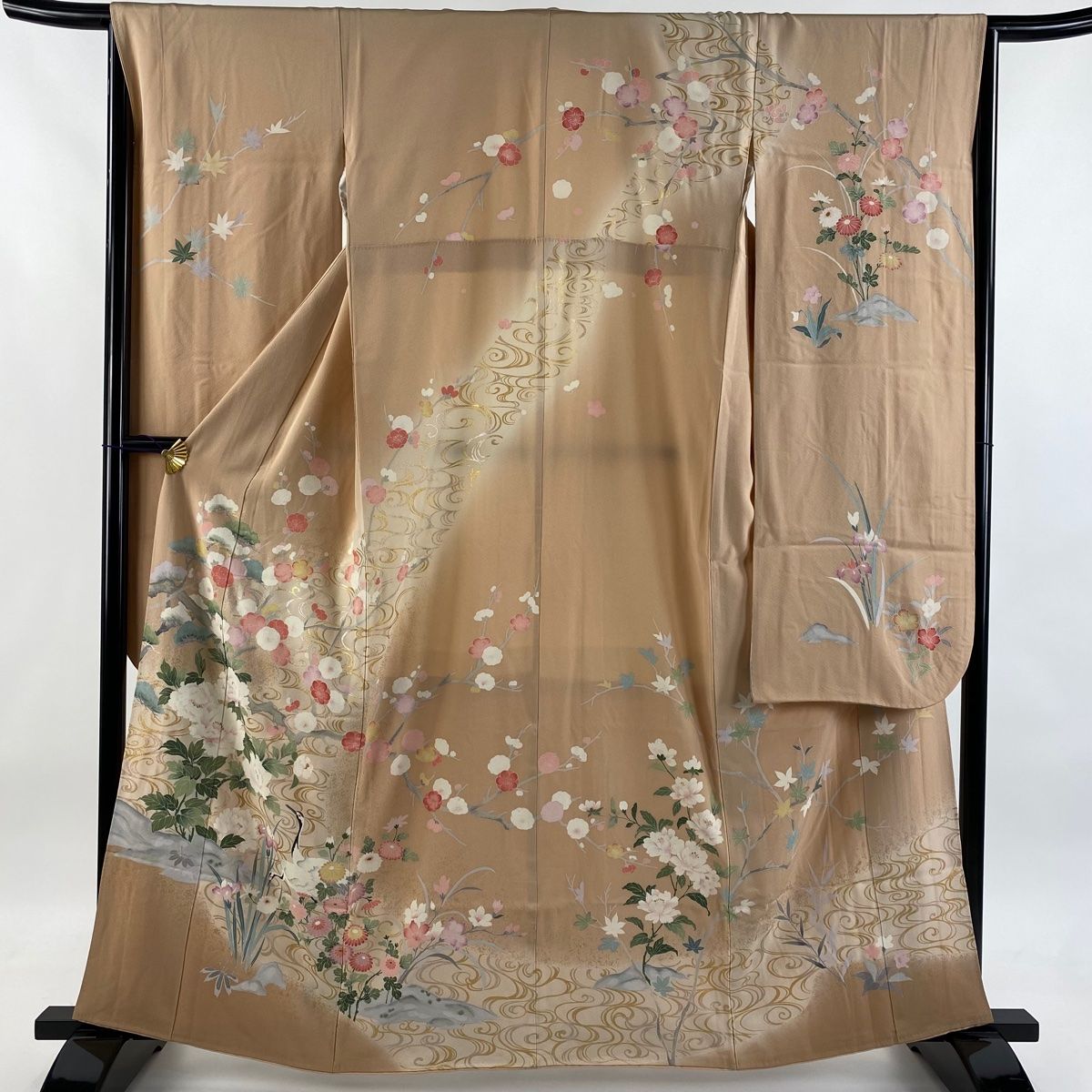 振袖 身丈161cm 裄丈65cm M 袷 牡丹 鶴 金銀彩 ぼかし 薄オレンジ 正絹 秀品