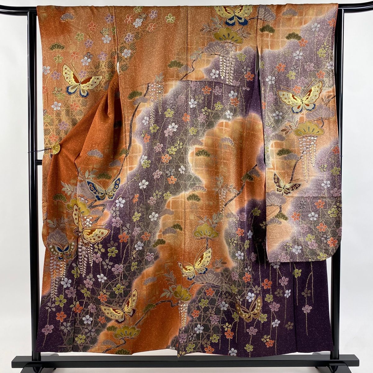 振袖 身丈152.5cm 裄丈63cm S 袷 落款 蝶 笠松 金糸 金彩 赤茶 正絹 秀品