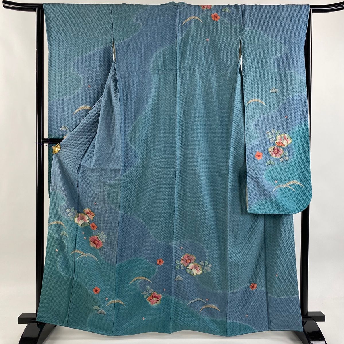 振袖 身丈163cm 裄丈64cm M 袷 椿 芝 絞り 金彩 青灰色 正絹 秀品
