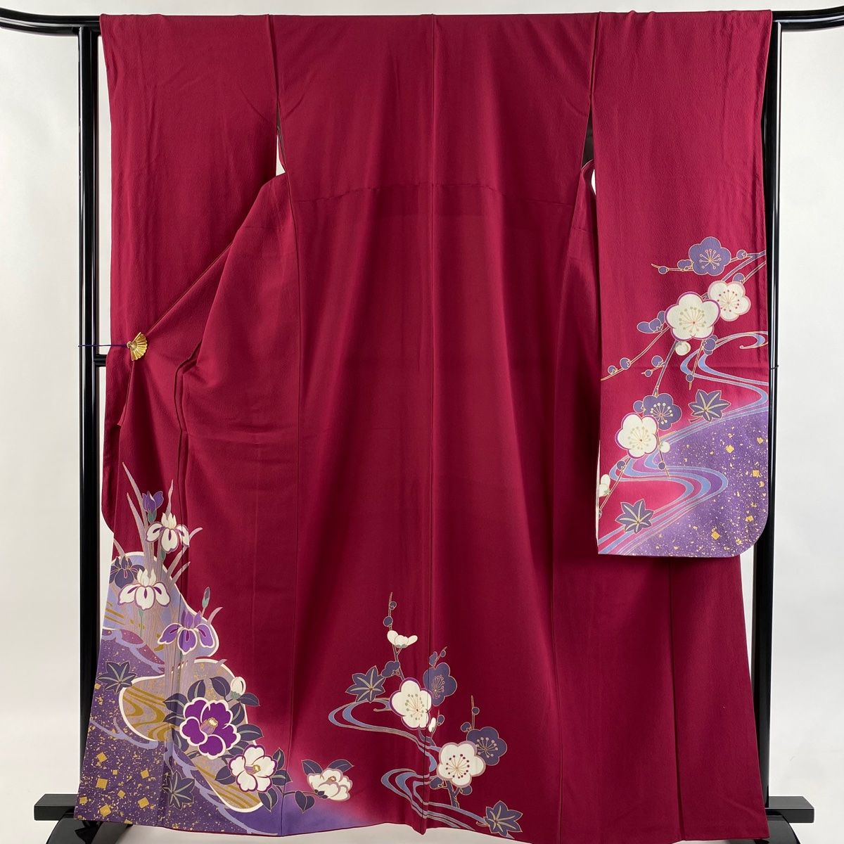 振袖 身丈161cm 裄丈64cm M 袷 菖蒲 椿 金彩 赤紫 正絹 秀品