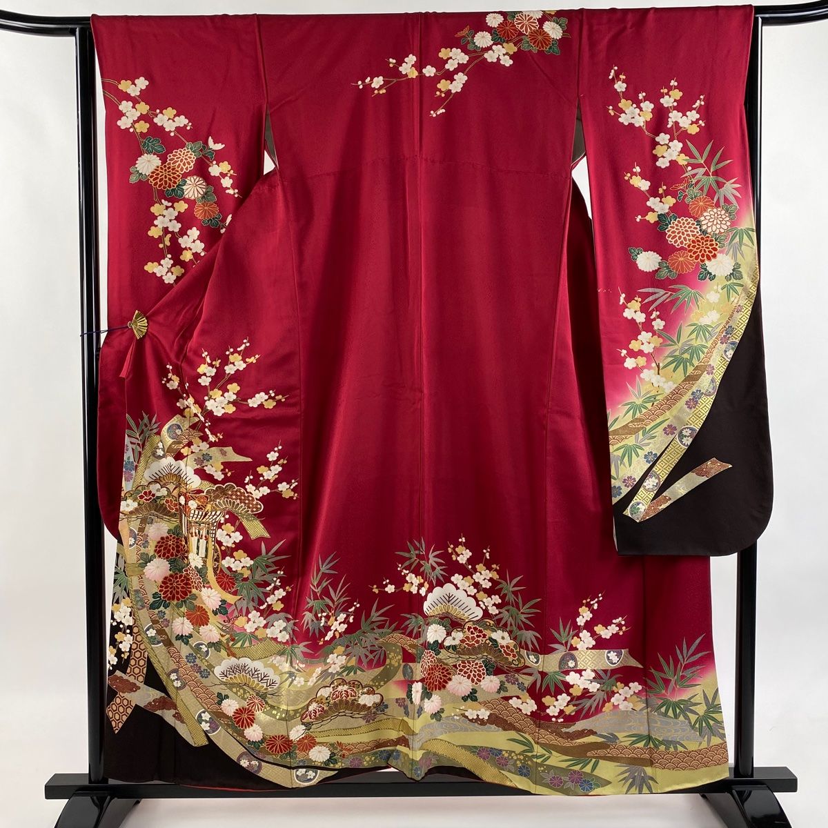 振袖 身丈155cm 裄丈64.5cm M 袷 御所車 松竹梅 金糸 金彩 えんじ色 正絹 秀品