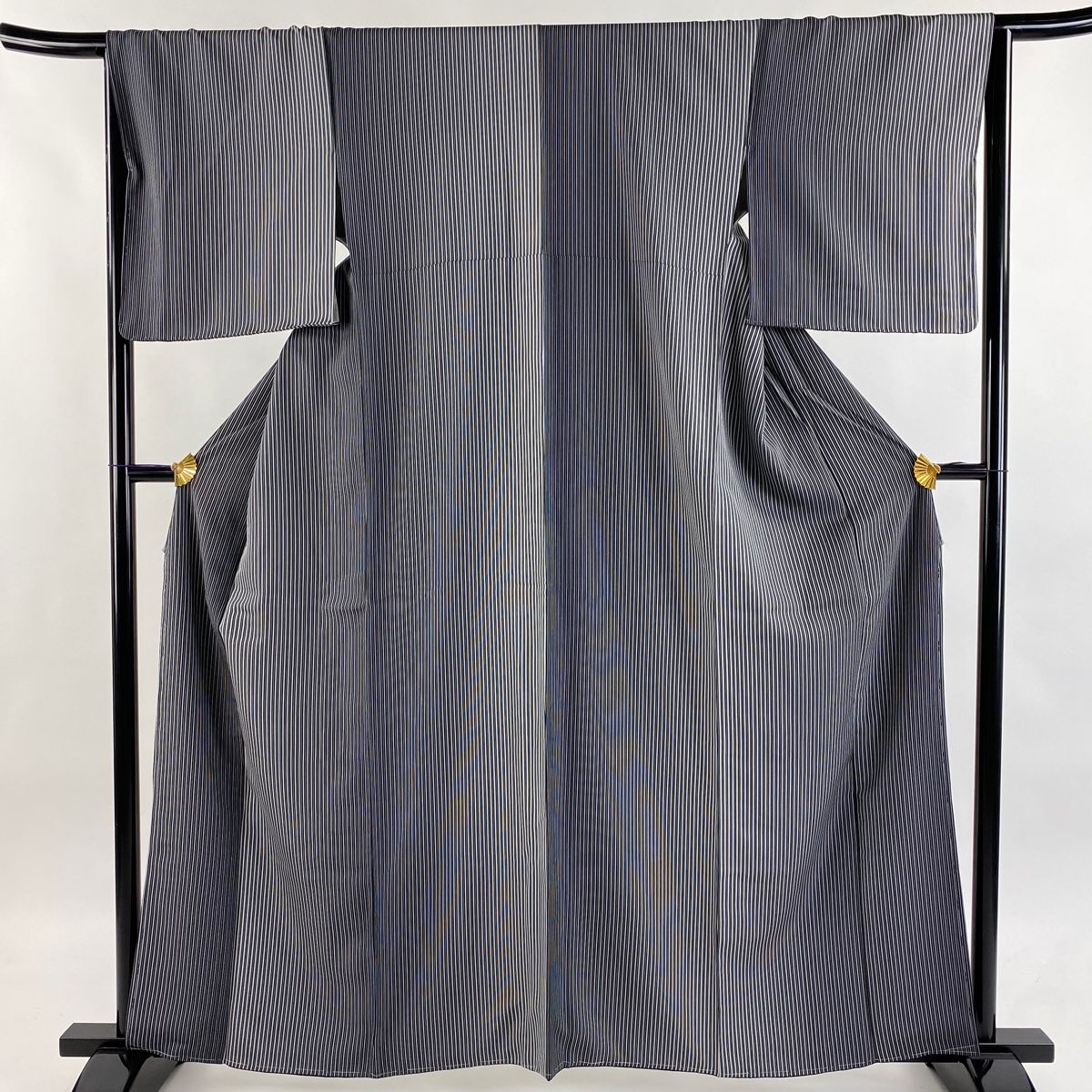 小紋 身丈162cm 裄丈66.5cm M 袷 縦縞 黒 正絹 秀品