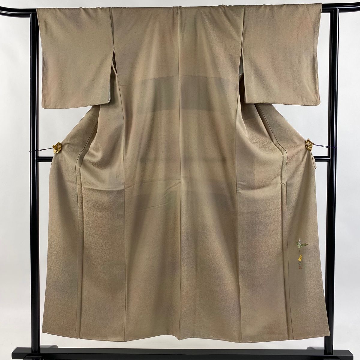 小紋 身丈151cm 裄丈62cm S 袷 落款 地紋 ぼかし 薄茶色 正絹 秀品 一つ紋